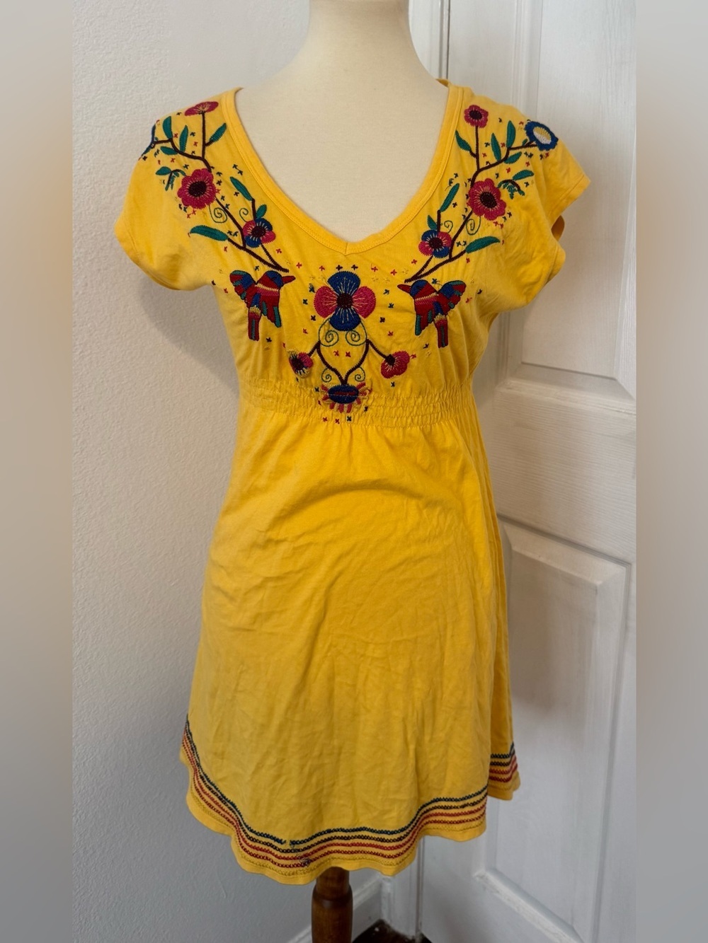 Johnny Was Cotton Embroidered Dress Sundress Boho Floral Hummingbird XS *Flaw*